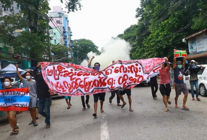 spring_2021's tweet photo. 9.8.2021 In Yangon, Youth Strike fearlessly took the streets  to protest against Genocidal Dictatorship.

#HearMyanmarYouths
#Aug9Coup 
#WhatsHappeningInMyanmar https://t.co/5D1LH3Czc2