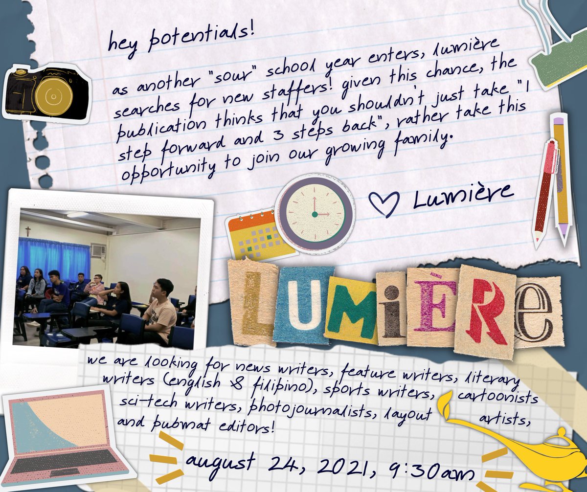 SBCLumiere's tweet photo. Do you get déjà vu whenever you write? Well, that might be the sign you are waiting for!

Lumière, the official organ of the Senior High School level of St. Bridget College, invites you to take part in the upcoming screening on August 24. https://t.co/NAuwrZKQkr