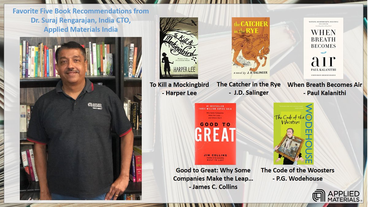 “Books are magical keys to open up worlds and change perspectives." - AAAA
This Book Lovers Day, our very own bookworm Dr. <a href="/SurajRengarajan/">Suraj Rengarajan</a>  CTO <a href="/Applied_India/">Applied Materials India</a> shares his top five and all-time favourite books with us!
#BookLoversDay #IamApplied #WeWorkHere
