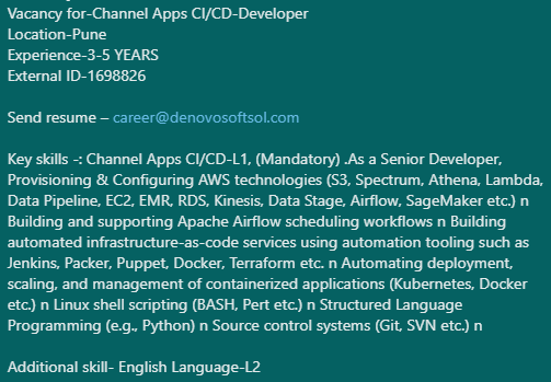 denovosoftsol's tweet photo. Vacancy for-Channel Apps CI/CD-Developer
Location-Pune
Experience-3-5 YEARS
External ID-1698826
Send resume – career@denovosoftsol.com
#channelapps #CICDdeveloper #programming #datastage #seniordeveloper #AWS #apacheairflow #kubernetes #docker #linux #shellscripting #Python https://t.co/vg82ecdxGd