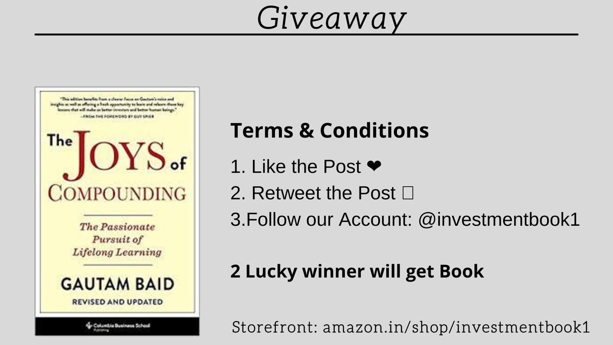 Giveaway 🎉 🎉 

How to enter:

1. Like ❤️
2. Retweet 🔁
3. Follow <a href="/InvestmentBook1/">Dhaval (Investment Books)</a> 

The giveaway will end on 14th August 2021 and will announce the winner after that 

Book: The Joy of Compounding by <a href="/Gautam__Baid/">Gautam Baid</a> 
Book Link: amzn.to/2VCM9qf