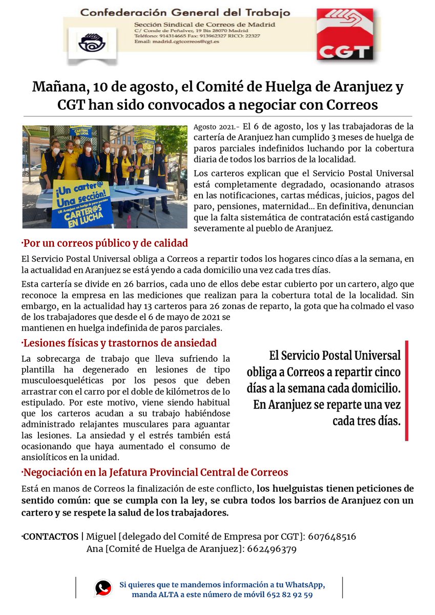ARANJUEZ | Tras 3 meses de huelga el Comité de Huelga de l@s carter@s de #Aranjuez y <a href="/cgtcorreosm/">CGT CORREOS MADRID</a> han sido convocad@s mañana a negociar con <a href="/Correos/">Correos</a>

#NotaDePrensa <a href="/HeraldoAranjuez/">Heraldo de Aranjuez 🗞</a> <a href="/AranjuezVivo/">Aranjuez Vivo</a> <a href="/SERAranjuez/">SER Aranjuez</a> <a href="/MadridRegional/">COPE Madrid Regional</a> <a href="/Aranjuez_Hoy/">Aranjuez Hoy</a> <a href="/AELOondacero/">Aranjuez En La Onda</a> <a href="/RocioDelgadoP_/">Rocío Delgado</a>
