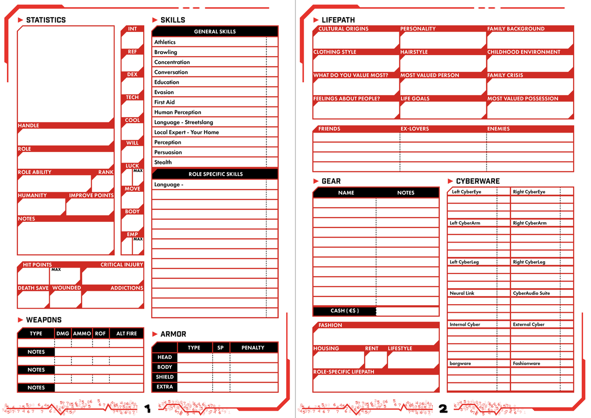 Official_Kamart's tweet photo. As a #Layout exercise, I thought I'd try my hand at creating a #charactersheet for #CyberpunkRED!
Once again taking inspiration from the magnificent work done in the #cpred books, I think it came out great! Check the comments for a link to a Printable/Editable PDF! https://t.co/p9hUffKRdc