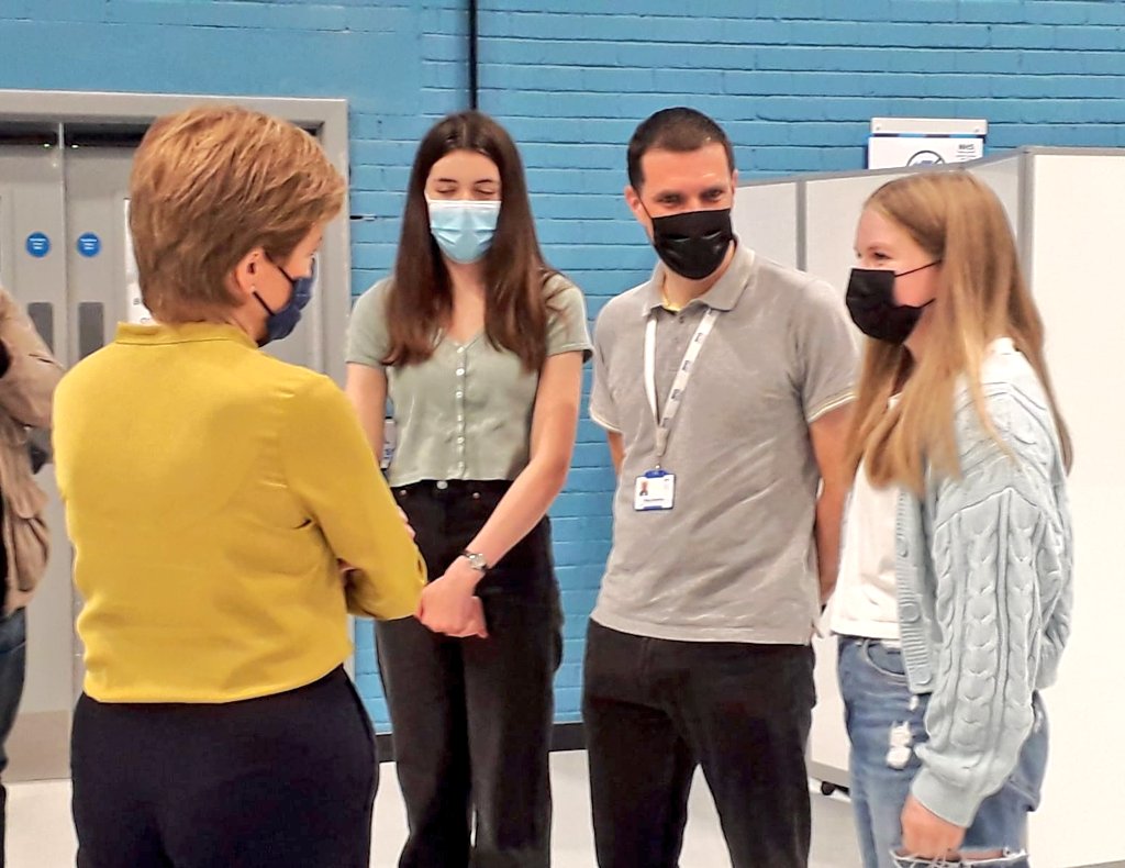 ScotGovFM's tweet photo. All Pfizer drop-in centres in mainland Scotland will offer the vaccine to 16 and 17 year olds from tomorrow ➡️ https://t.co/OGrwzvSfO6

This morning @NicolaSturgeon met staff at the Foundry drop-in centre and some of the first newly eligible young people to be vaccinated there. https://t.co/oismxma1sZ