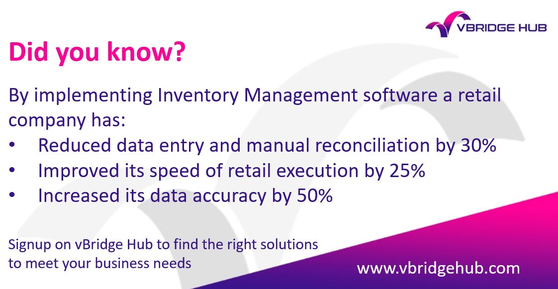 vBridgeHub's tweet photo. #Inventory management software is implemented to enhance visibility of inventory while automating and streamlining operations. Leveraging this #technology, #retailers are able to forecast sales and meet demand without inventory loss. https://t.co/6g6INw1We7