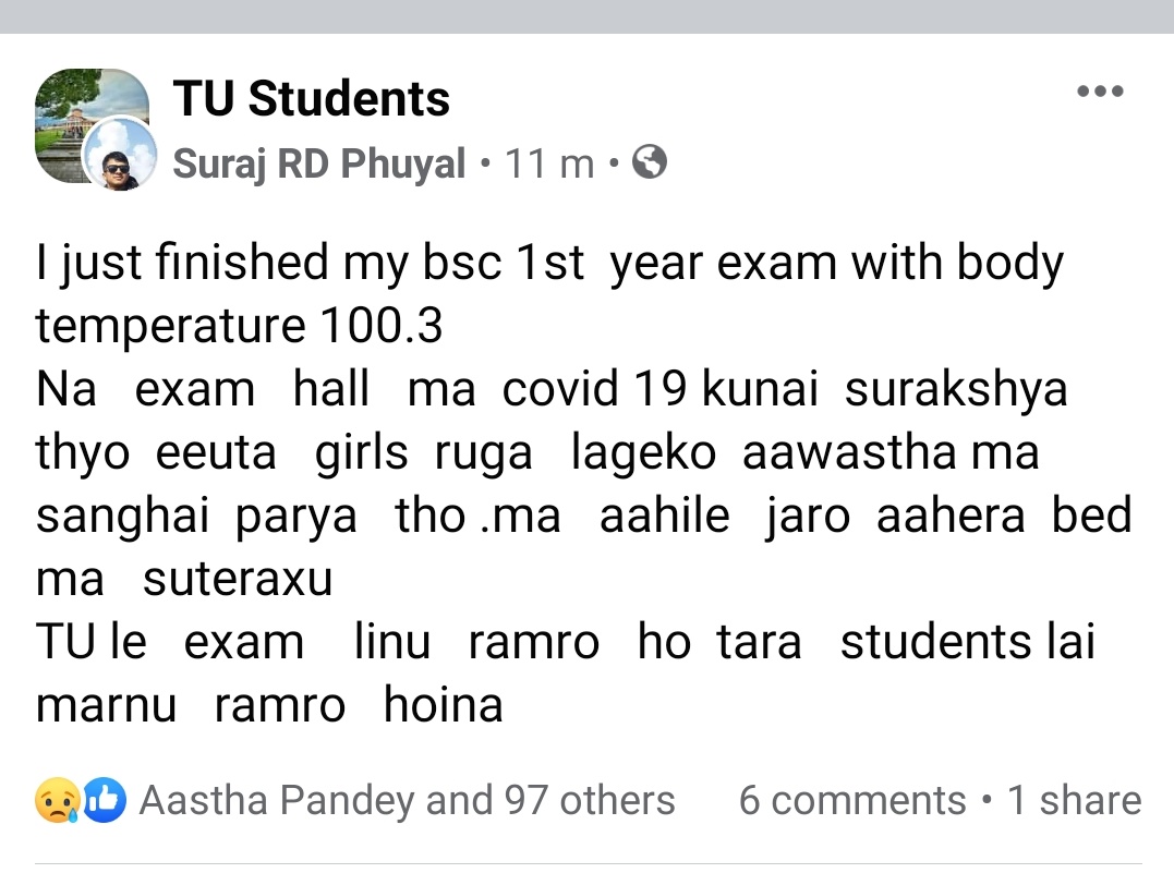SumitaShresth11's tweet photo. #CancelTUExams
This the situation still TU is resisting to change the decision. https://t.co/kF3x4bOEWc