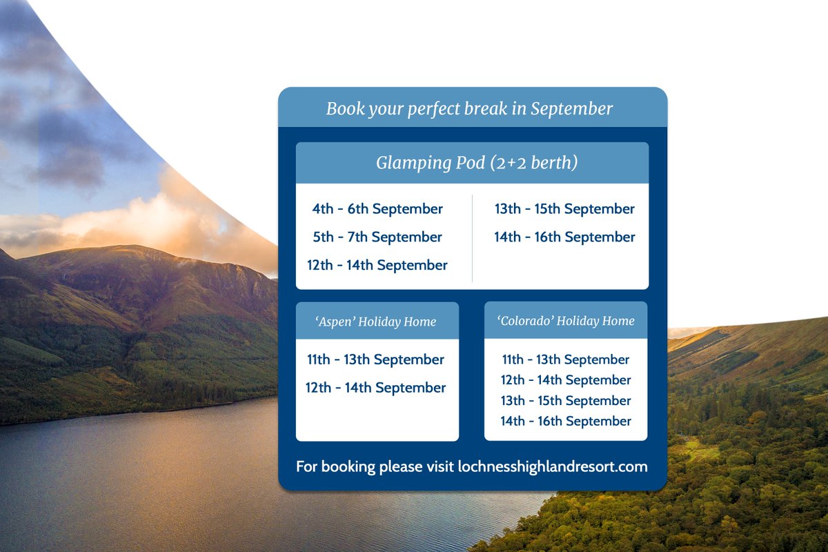 Grab our last September availability &amp; discover your perfect #Highland break with <a href="/lochnessresort/">Loch Ness Highland Resort</a>! Hit the link &amp; book online 👉 bit.ly/3yABYR9
🦕 lochnesshighlandresort.com
📞 01320 366257
#LochNessHighlandResort #LochNessLodges #LochNess #LochNessMonster #ScotlandIsNow