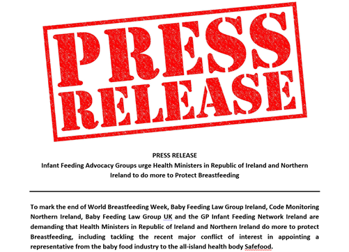 WHOCodeNI's tweet photo. To mark the end of #WBW, Advocacy Groups demand that Health Ministers @DonnellyStephen &amp; @RobinSwannMoH take more responsibilty to protect #breastfeeding from aggressive marketing including reversal of the recent appointment of #BMSCode violators Danone to all-island safefood_net https://t.co/dWrNx9ienJ