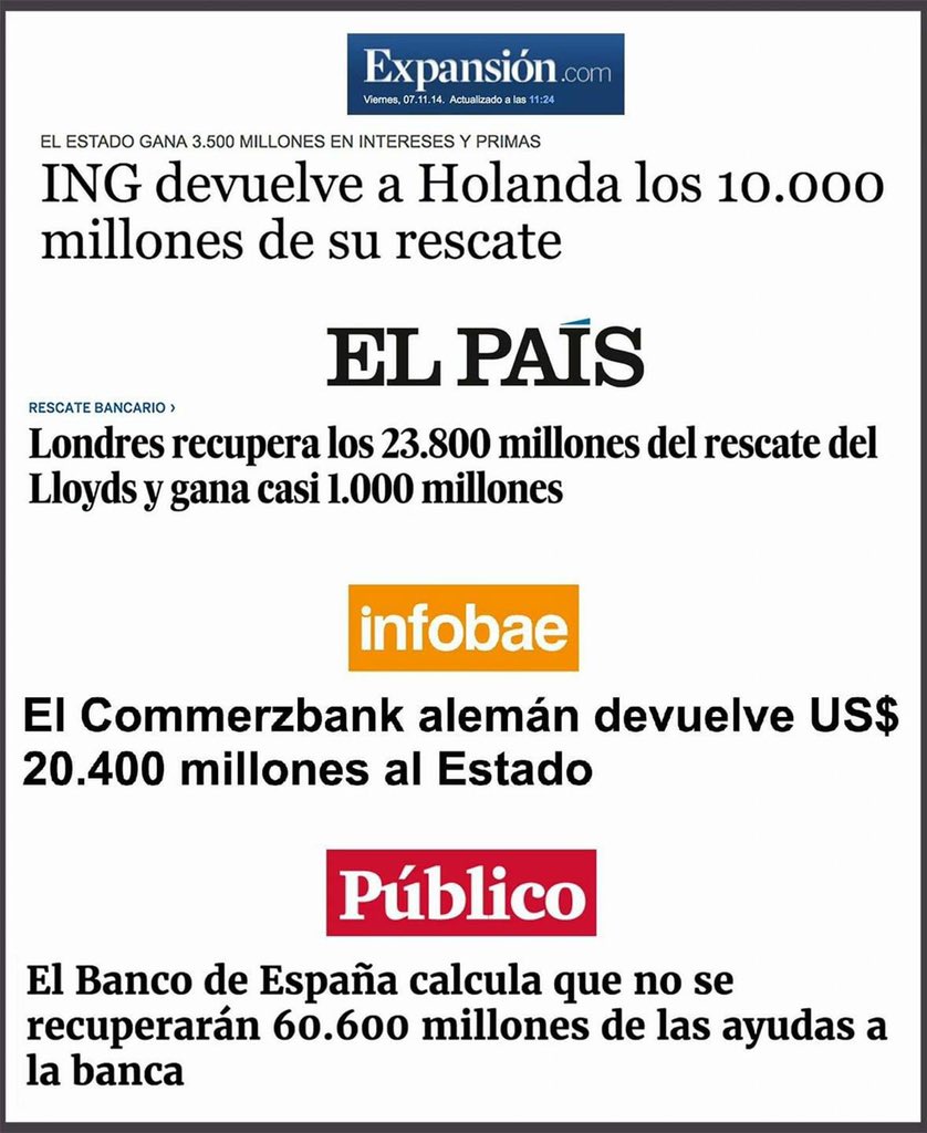 “No pienso dar un solo euro de dinero público a la banca” Rajoy, 2011.

El rescate bancario no tendrá “un coste para los contribuyentes españoles" De Guindos, 2012.

Y así todo.