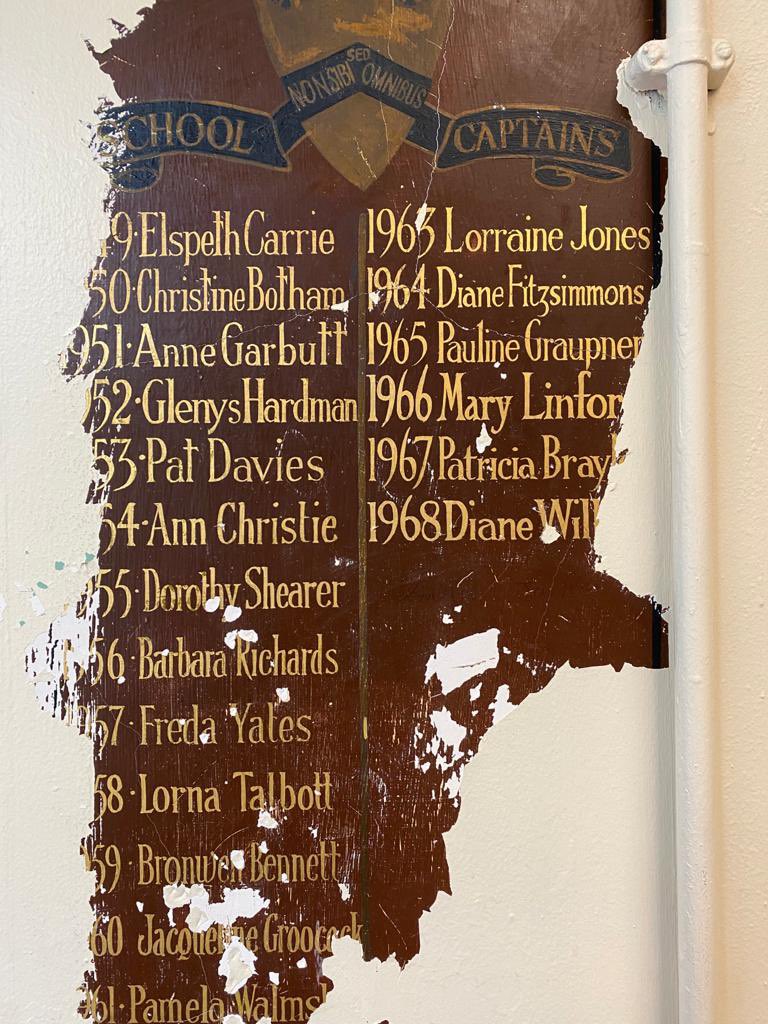 WRSixthForm's tweet image. What a #throwback this is! Throwing all the way back to the @wrhs1118 School Captains from the 1960’s, that have been uncovered during summer renovations 🟣🟣 #aspirebelieveachieve