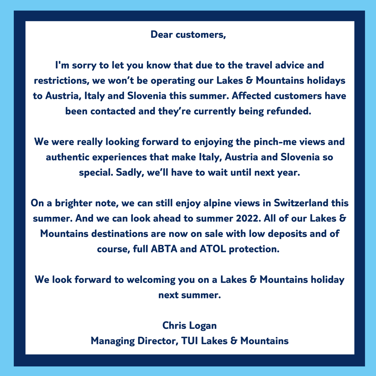 TUILakes's tweet photo. Dear customers 💙 https://t.co/nVtTrtPkMK