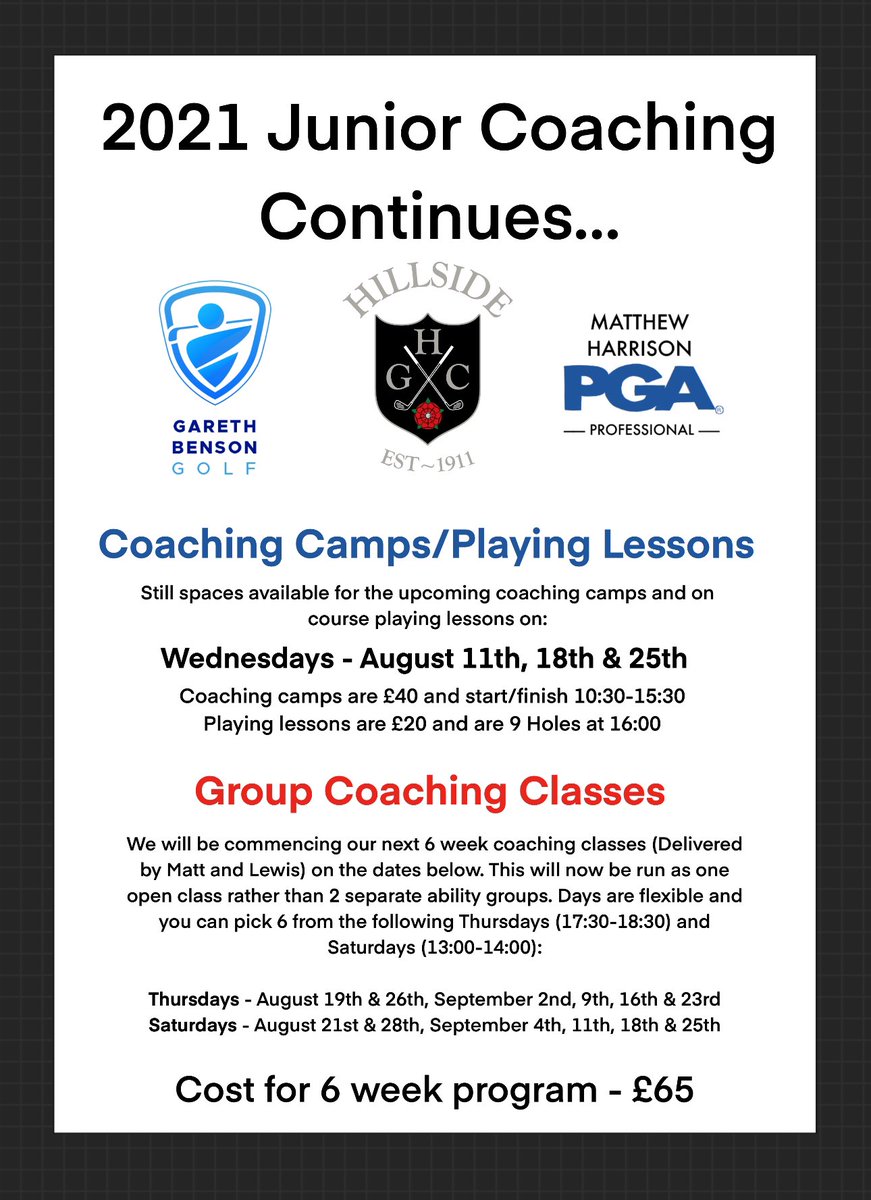 Open to non-members - coaching camps starting this week. Call 01704568360 to book your place <a href="/GarethBenson1/">Gareth Benson Golf</a> <a href="/Hillside_GC/">Hillside Golf Club</a> <a href="/PGANorth/">PGANorth</a> <a href="/HillsideProshop/">Hillside_ProShop</a>