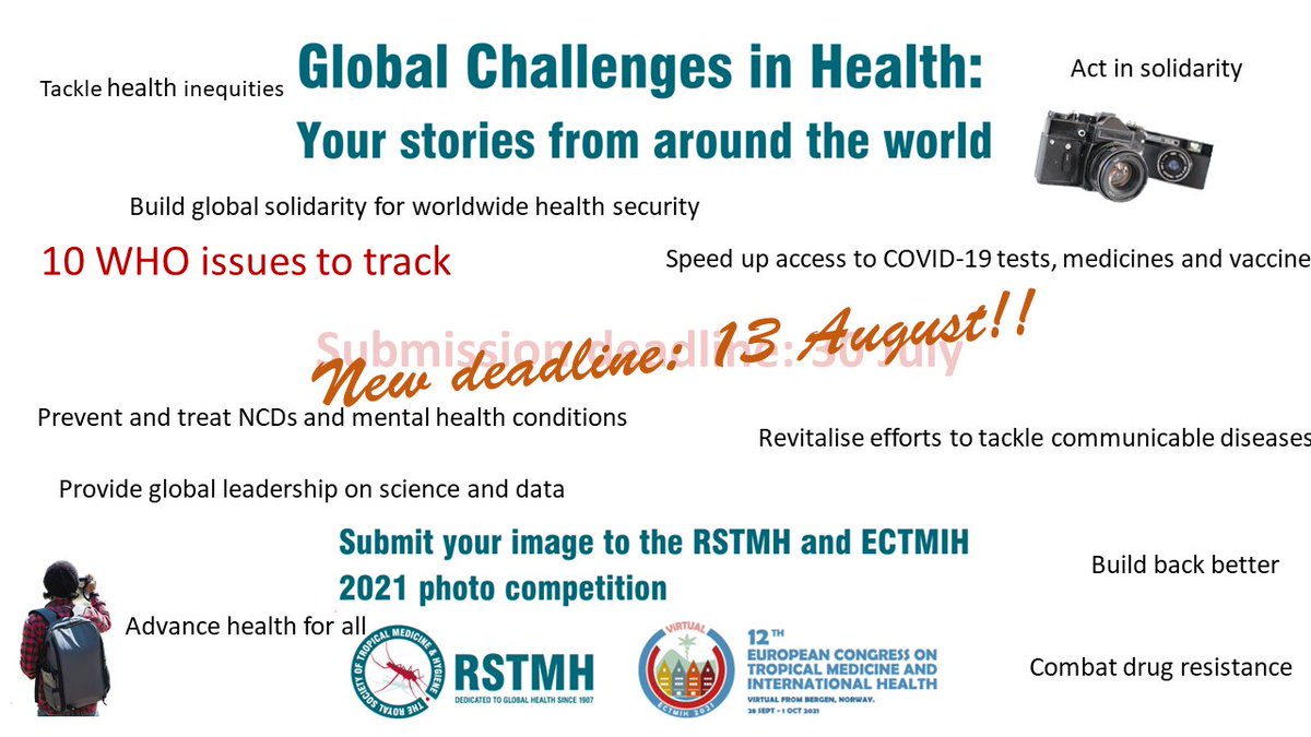 Just 5 days left to the extended <a href="/RSTMH/">Royal Society of Tropical Medicine and Hygiene</a> &amp; <a href="/ectmih2021/">ECTMIH2021</a> photo contest deadline – 13 Aug. 
Send in your Global Challenges images! 
Learn more: bit.ly/3gmrX2r <a href="/NRSGlobalHealth/">Global Health Research School</a> <a href="/CIHUiB/">Centre for International Health</a> <a href="/UiB/">Universitetet i Bergen</a> @medofak_uib