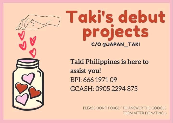 TAKIPHL's tweet photo. 🥟 Taki's Debut Projects ❤️

@japan_taki has started to collect funds for debut projects. If you don't have paypal, you may opt to send your donation to us! 📩 https://t.co/BLyaCLrizD
