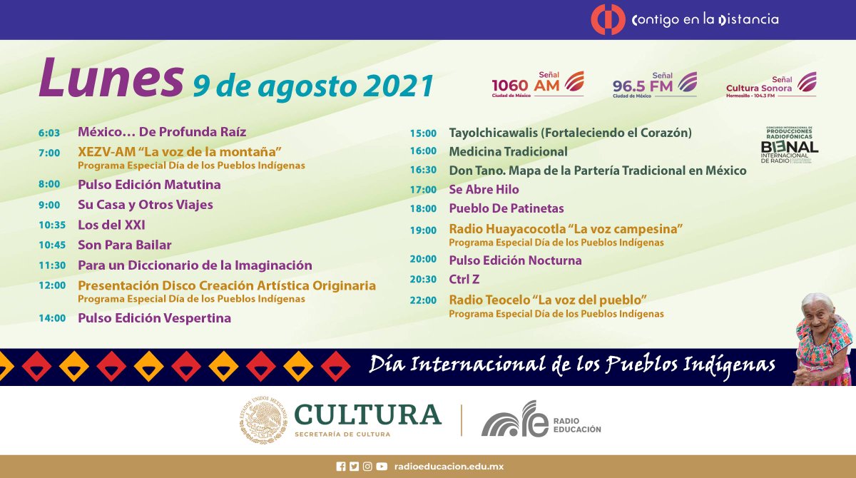 RadioEducacion's tweet photo. Únete al #DíaPueblosIndígenas con #RadioEducación
Escucha los especiales sobre radios comunitarias y la presentación del nuevo 💿 de #Nimbee, Creación Artística Originaria🎶 Además no te pierdas los ganadores #13BienalDeRadio 🎧
📻 1060 AM, 96.5 FM #CDMX | 104.3 FM #Hermosillo https://t.co/z2ljqgQDhB