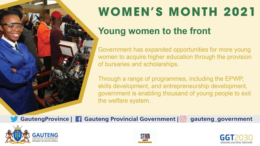 GP_CommSafety's tweet photo. Young women to the front. Government has expanded opportunities for more young women to acquire higher education through the provision of bursaries and scholarships. #WomensMonth2021 https://t.co/gUaWOcCL4T