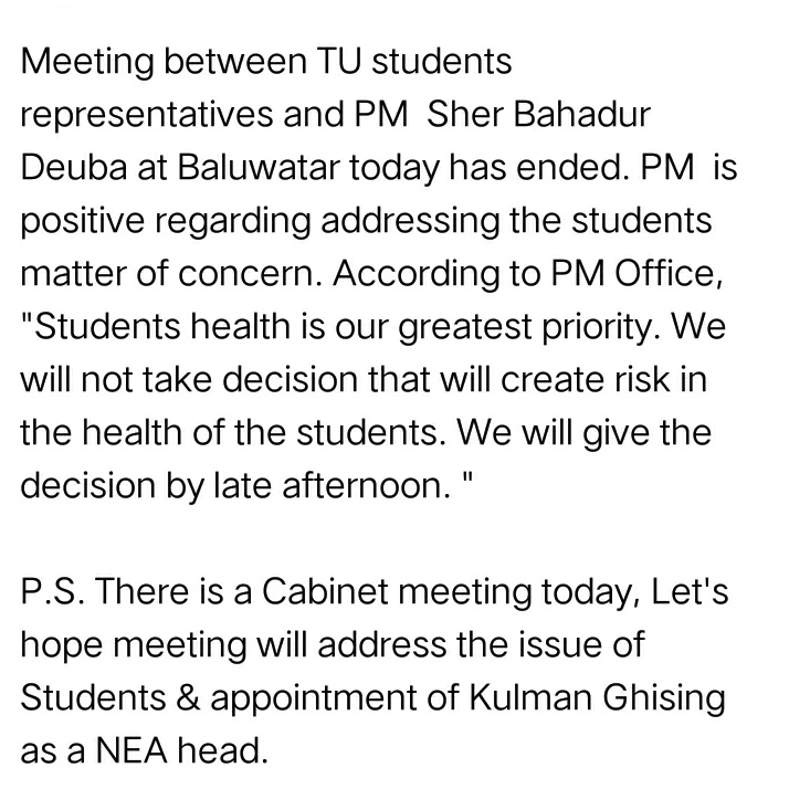 PrezaniN's tweet photo. Aba pani hijo ko jastai decision na aaos. I hope @SherBDeuba made the right decision
#CancelTUExams https://t.co/CiLnF8y3RN