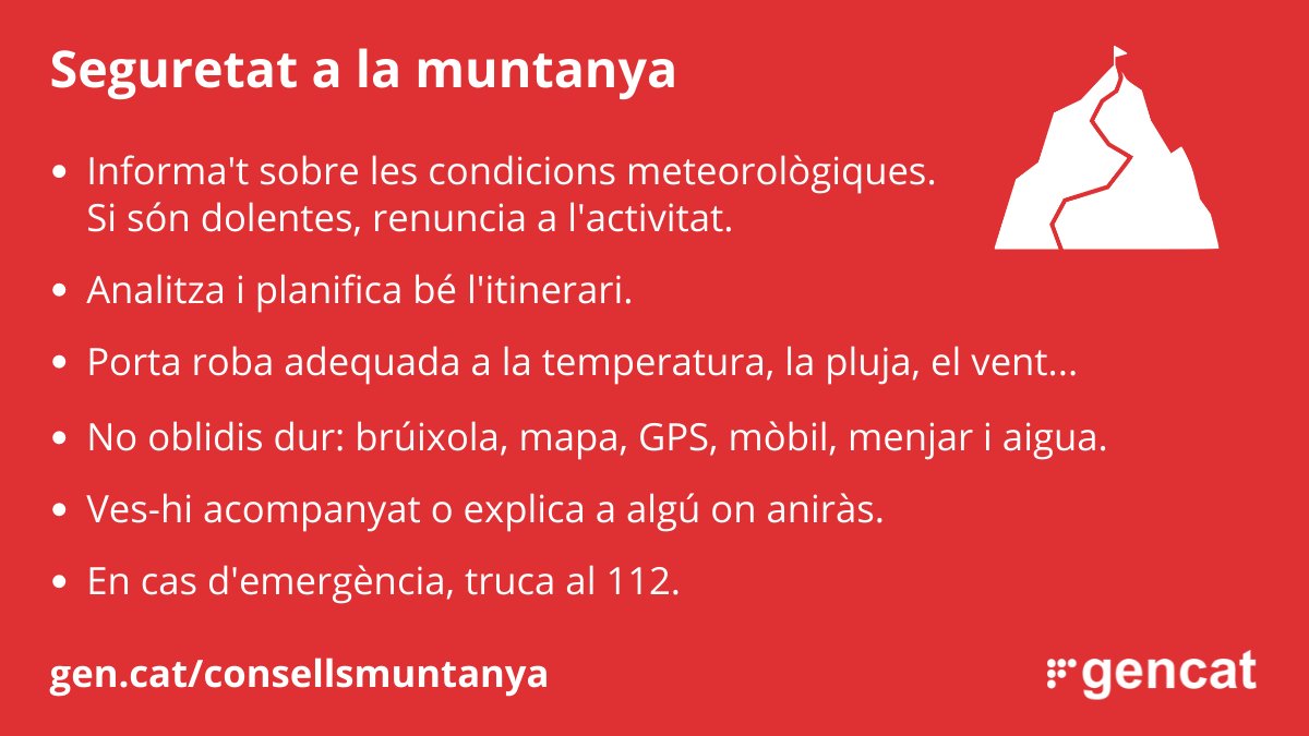 ajcabrils's tweet photo. Bon dia #Cabrils!

Si aquests dies vas a la #muntanya, ves-hi preparat!

⛈ Informa't de les condicions meteorològiques.
🗺 Planifica l'itinerari.
🥾 Porta roba i calçat adequats.

☎ En cas d'emergència, truca al @112. https://t.co/VtaUoC3OfG