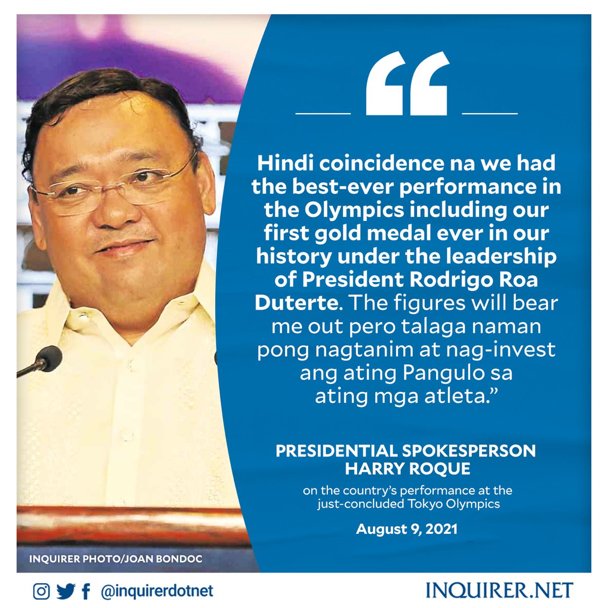 inquirerdotnet's tweet photo. Roque claimed it was “no coincidence” that the Philippines achieved its best performance at the Olympics during President Duterte’s administration, saying it’s the “first time” for the government to heavily invest in its athletes. https://t.co/xCkGiV50Mx https://t.co/VQkFhWdU7D