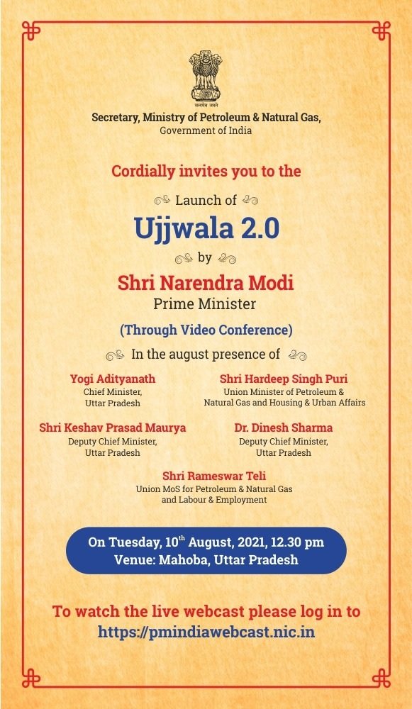 BPCLimited's tweet photo. Hon'ble Prime Minister will launch Ujjwala 2.0 in the presence of Hon UP CM Sh. @myogiadityanath, Hon Union Minister P&amp;NG Sh. @HardeepSPuri, &amp; Hon MoS P&amp;NG Sh. @Rameswar_Teli at Mahoba,UP on 10th August 21 at 12.30 pm.
#PMUjjwala2
Watch the live webcast at https://t.co/o7vtaegUX4 https://t.co/lG0r7uVDyG