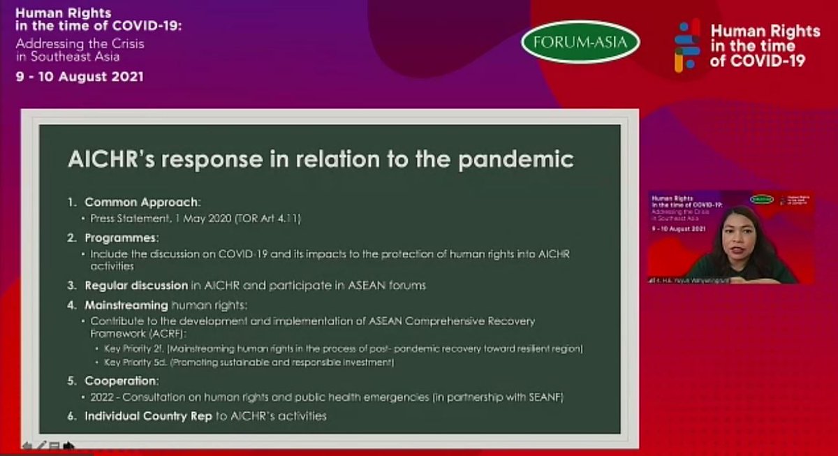 'Mainstreaming #humanrights in the process of post-pandemic recovery towards a resilient #SoutheastAsia is a key priority in the #ASEAN Comprehensive Recovery Framework,' Yuyun <a href="/Wahyuningrum/">Yuyun Wahyuningrum</a>, <a href="/AICHRIndonesia/">AICHR Indonesia</a> Representative to #AICHR.