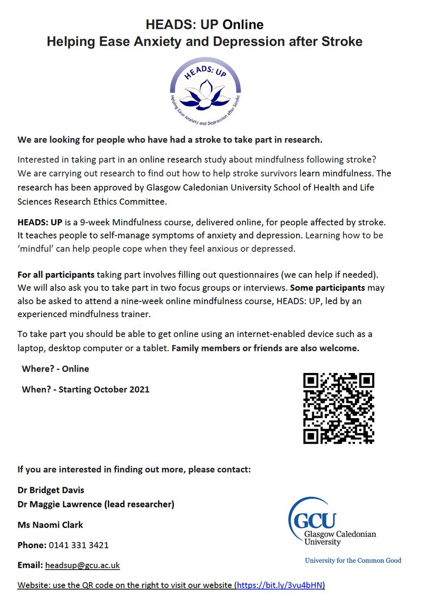 StrokePathways's tweet photo. HEADS: UP Online Mindfulness research could help people affected by #stroke cope better with #anger #frustration #stress #depression #anxiety Pls RT @MeadGillian @DrTerryQuinn Recruiting now for October start! https://t.co/vrZJYNAOrH