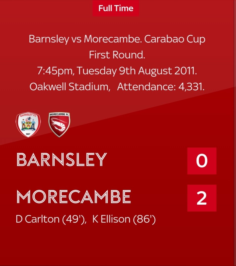 Stu_Rob_Rae's tweet photo. 10 years ago today: As riots flared up around the country, the #Shrimps ransacked the Tykes with a famous League Cup win at Oakwell that left the local bookie penniless. @KEVIN11ELLISON came off the bench to net the first of many goals for Morecambe. #IPredictARiot #BookieBashers https://t.co/bcFH68ni4u