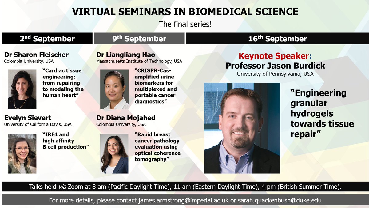 James Armstrong (@jrmstrng) on Twitter photo This has been a long time in the works: our final series of #Virtual #Seminars in #Biomedical #Science lands in Sept! We have lined up five v.exciting talks incl. a keynote seminar from the <a href="/BurdickLab/">BurdickLab</a>!
Register:
forms.gle/kpP78MrSN8DUUS…
Watch past talks:
youtube.com/channel/UCsmlV… This has been a long time in the works: our final series of #Virtual #Seminars in #Biomedical #Science lands in Sept! We have lined up five v.exciting talks incl. a keynote seminar from the <a href="/BurdickLab/">BurdickLab</a>!
Register:
forms.gle/kpP78MrSN8DUUS…
Watch past talks:
youtube.com/channel/UCsmlV…