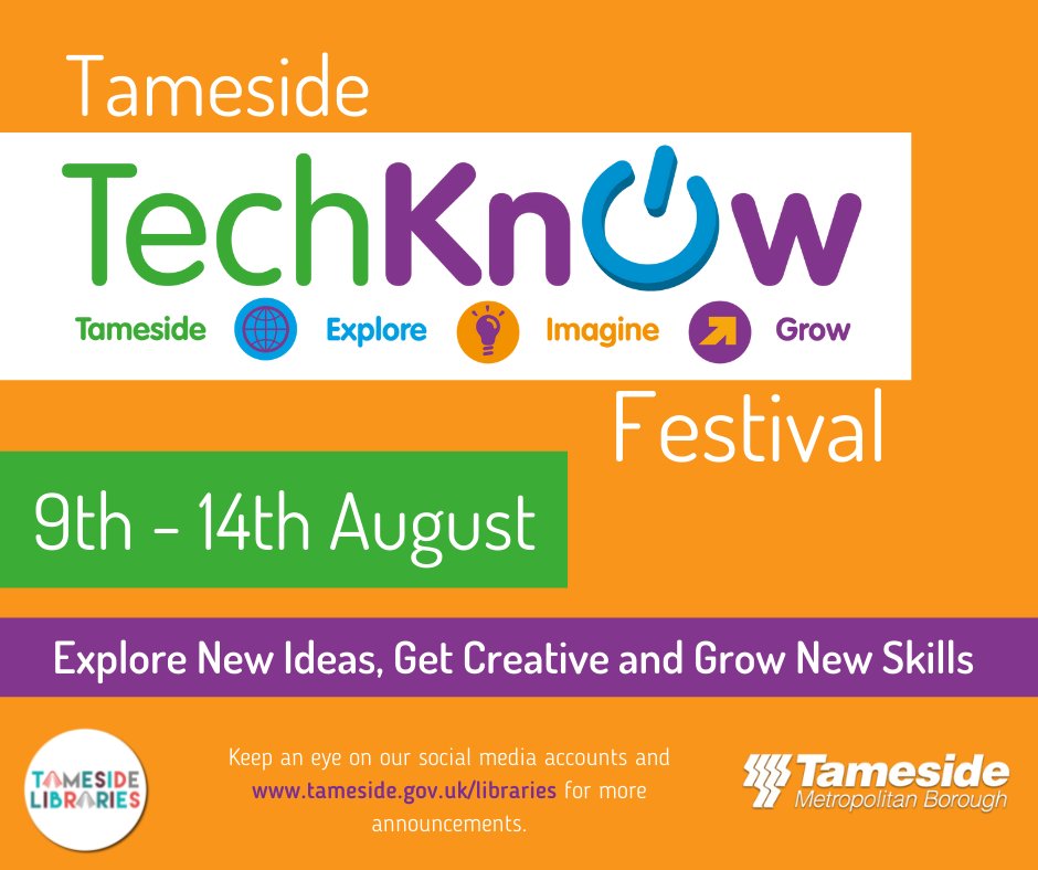 TamesideLibrary's tweet photo. #TechKnow Festival starts TODAY. 🥳🖥💻🔬

Take a look at the festival brochure for all the events taking place this week: https://t.co/sbGnGsZn1f 

There are still some spaces left and 'waitlists' have been added, so put your name down soon for the best chance to secure a spot. https://t.co/F1scewNQ6E