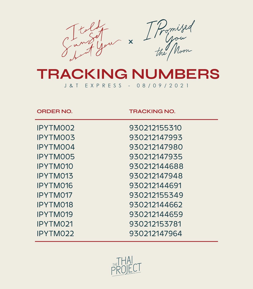 thethaiproject's tweet photo. [TN - 08/09/21]

Here are the tracking numbers for the ITSAY x IPYTM Tote Bags Batch 1 ✨

It may take a few hours before it reflects on their system.

Please disinfect your parcels and  don’t forget also to give us a feedback after ☺️

Thank You!✨

#TheThaiProject
#TTP_Updates https://t.co/pGN08xdMzY