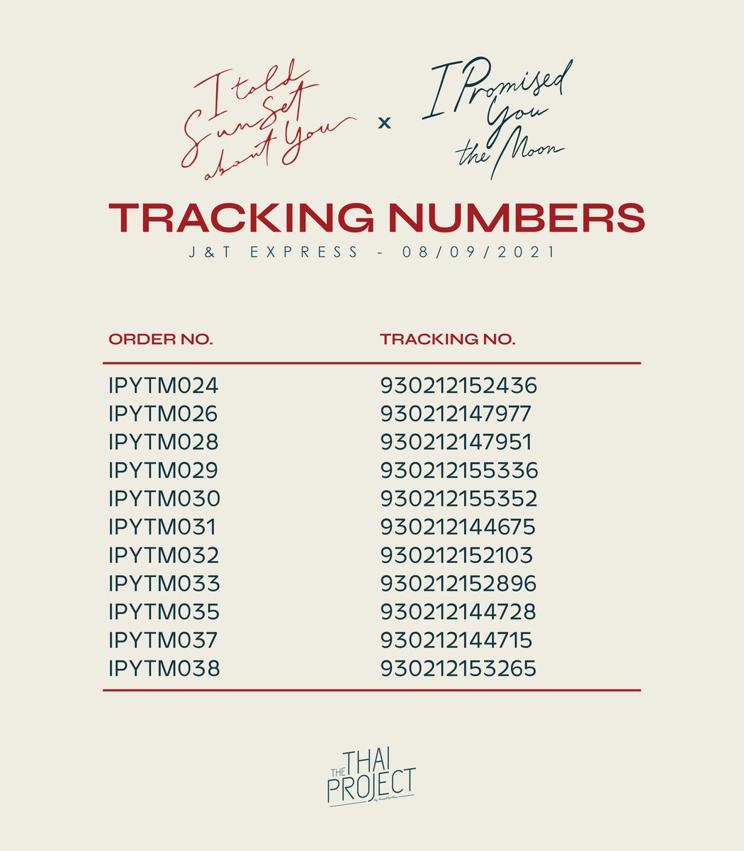 thethaiproject's tweet photo. [TN - 08/09/21]

Here are the tracking numbers for the ITSAY x IPYTM Tote Bags Batch 1 ✨

It may take a few hours before it reflects on their system.

Please disinfect your parcels and  don’t forget also to give us a feedback after ☺️

Thank You!✨

#TheThaiProject
#TTP_Updates https://t.co/pGN08xdMzY