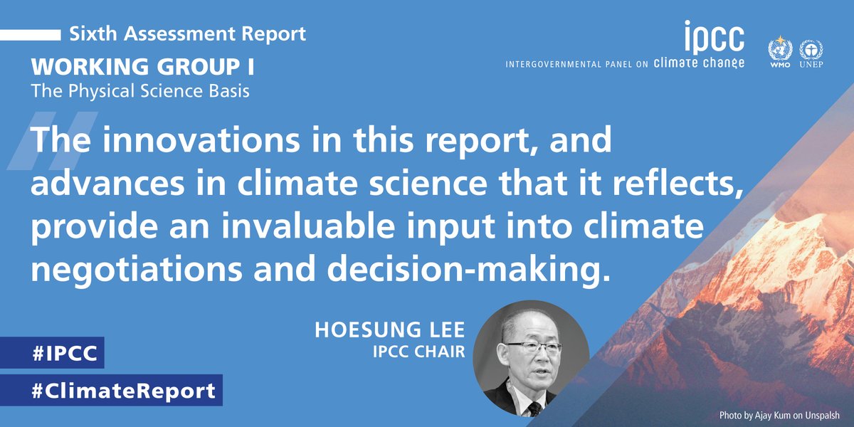 IPCC_CH's tweet photo. “The innovations in this report, &amp; advances in climate science that it reflects, provide an invaluable input into climate negotiations &amp; decision-making.” 
#IPCC Chair Hoesung Lee on today’s release of the #IPCC’s latest #ClimateReport.

➡️ https://t.co/4t8uyqoLXN https://t.co/PsDUDkNsrg