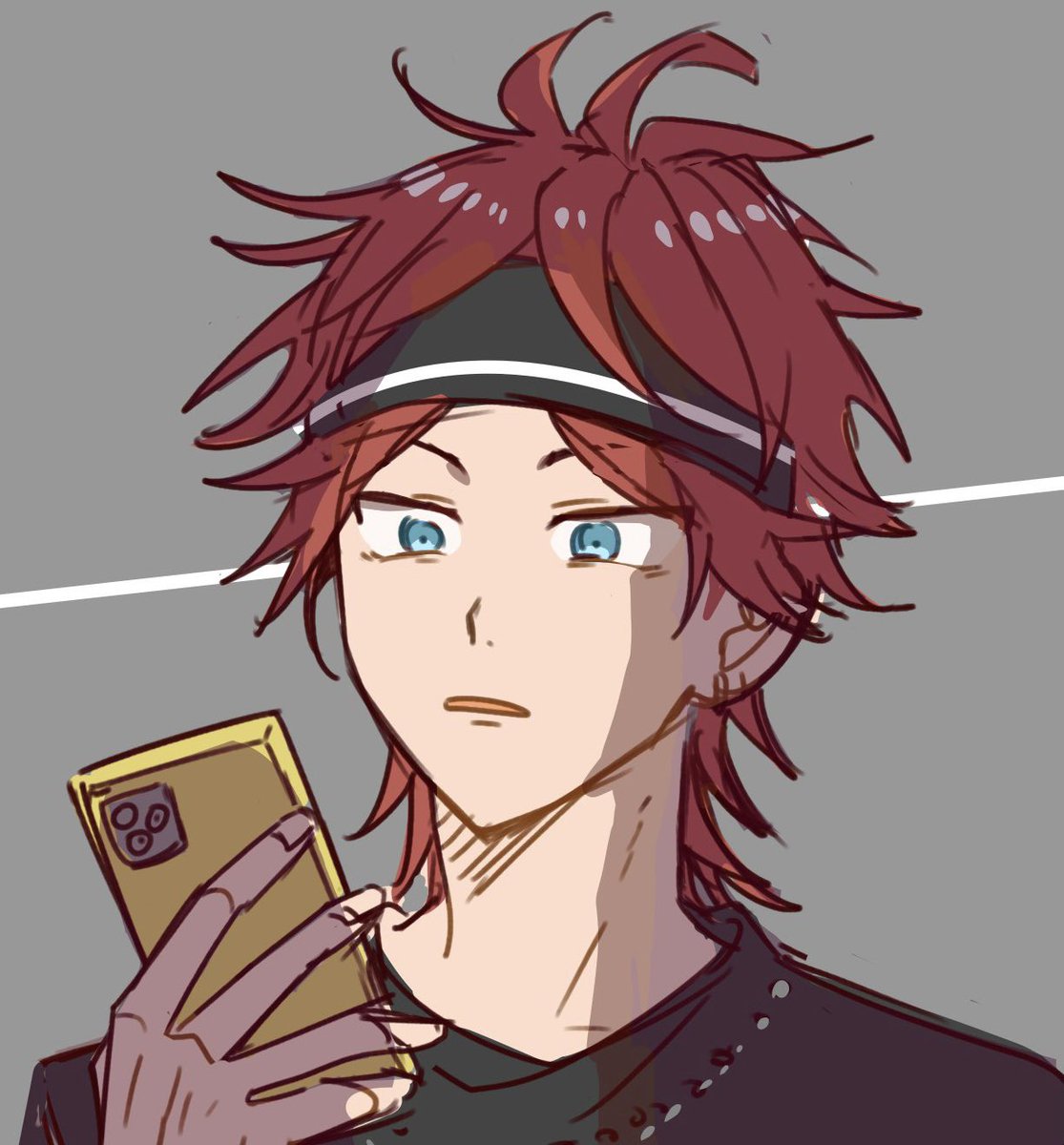 1boy male focus red hair phone blue eyes solo cellphone  illustration images