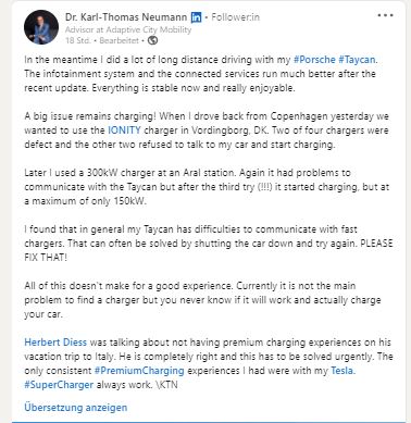 Die Kritik am #Ionity Ladenetz von prominenten Vertretern der deutschen Automobilbranche wächst. <a href="/KT_Neumann/">Karl-Thomas Neumann</a> beschreibt Erfahrungen mit seinem #Porsche #Taycan und zieht den Vergleich zu seinem #Tesla.

#emobility #elektroauto #elektromobilitaet