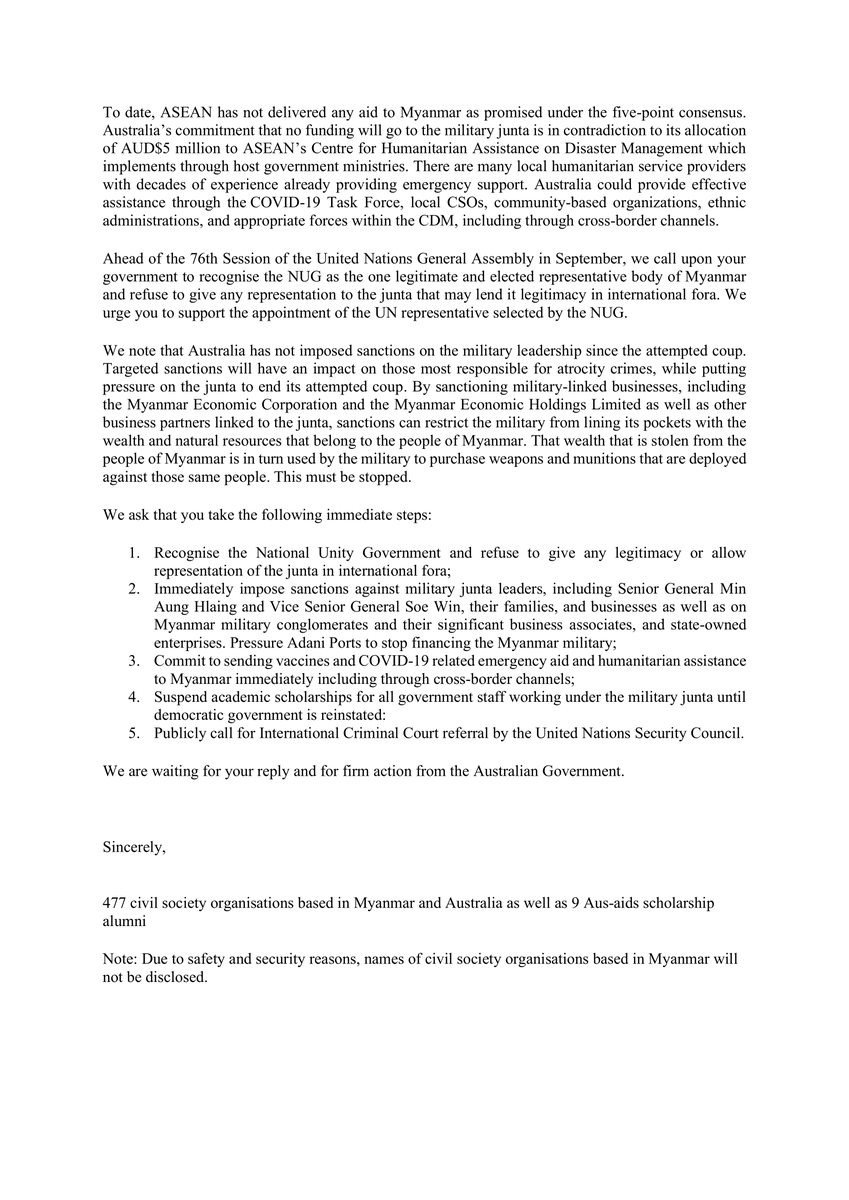 Progressive Voice (@pvamplify) on Twitter photo 477 CSOs from #Myanmar & #Australia + 9 Aus-Aids Scholarship alumni sent an open letter to FM <a href="/MarisePayne/">Marise Payne</a> calling for stronger actions against Myanmar military, incl. sanctions & recognizing <a href="/NUGMyanmar/">National Unity Government Myanmar</a> ahead of #UNGA76 in Sep. 1/2 #WhatsHappeningInMyanmar 477 CSOs from #Myanmar & #Australia + 9 Aus-Aids Scholarship alumni sent an open letter to FM <a href="/MarisePayne/">Marise Payne</a> calling for stronger actions against Myanmar military, incl. sanctions & recognizing <a href="/NUGMyanmar/">National Unity Government Myanmar</a> ahead of #UNGA76 in Sep. 1/2 #WhatsHappeningInMyanmar