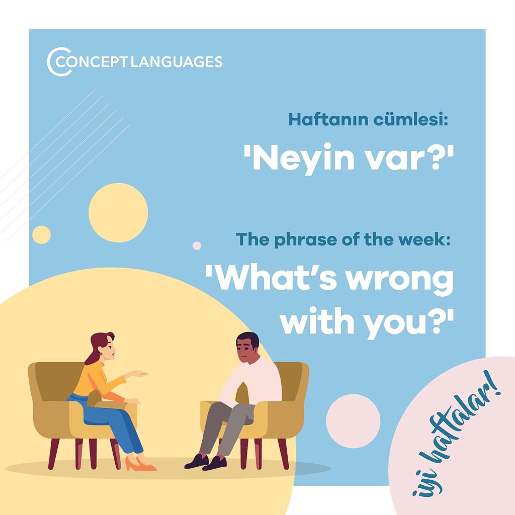 ConceptLanguage's tweet photo. 🤔

“Neyin var?”
“What’s wrong with you?”

Haftanın Cümlesi // The Phrase of The Week

#conceptlanguages #takeawayturkish #turkishlessons #onlineturkish #onlinelessons #learningturkish #learnalanguage #teachingturkishforforeigners #turkishlanguages #turkish #türkçe https://t.co/siEq2kYVjH