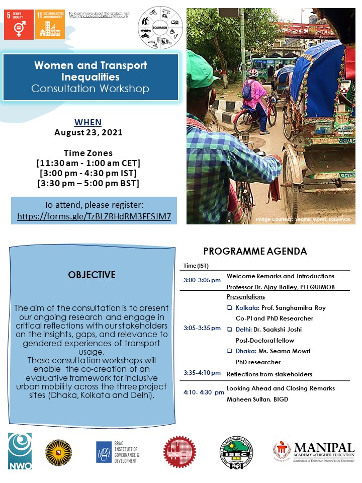 ajbailey24's tweet photo. We invite communitiy organisations, policy makers, researchers to participate in our consultation workshop on 'Women and transport inequalities'. Please register.
#inclusivecites #gender #sdg11 #GlobalGoals #sdg5 @equimob @INTALInC https://t.co/hsXS8yiFNj
