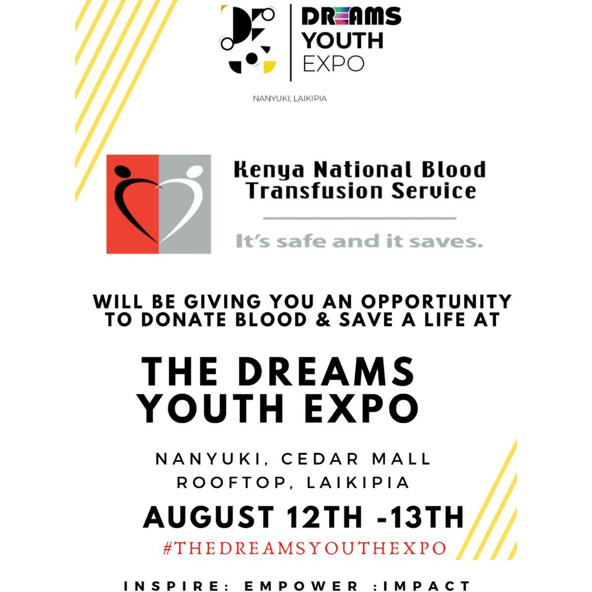 #TheDreamsYouthExpo will hub side events. Fun & engaging. Let's meet at The Cedar Mall Nanyuki rooftop on 12th & 13th of August. #internationalyouthday2021 #IYD2021 #Youthweek #economyyavijana #srhr #blooddonation #sanitaryproducts #futureofwork #Laikipia