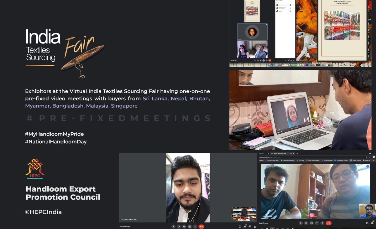 HEPC_India's tweet photo. Exhibitors at the Virtual India Textiles Sourcing Fair having one-on-one pre-fixed video meetings with buyers from Sri Lanka, Nepal, Bhutan, Myanmar, Bangladesh, Malaysia, Singapore #MyHandloomMyPride #NationalHandloomDay https://t.co/Ukdy8EjW9h
