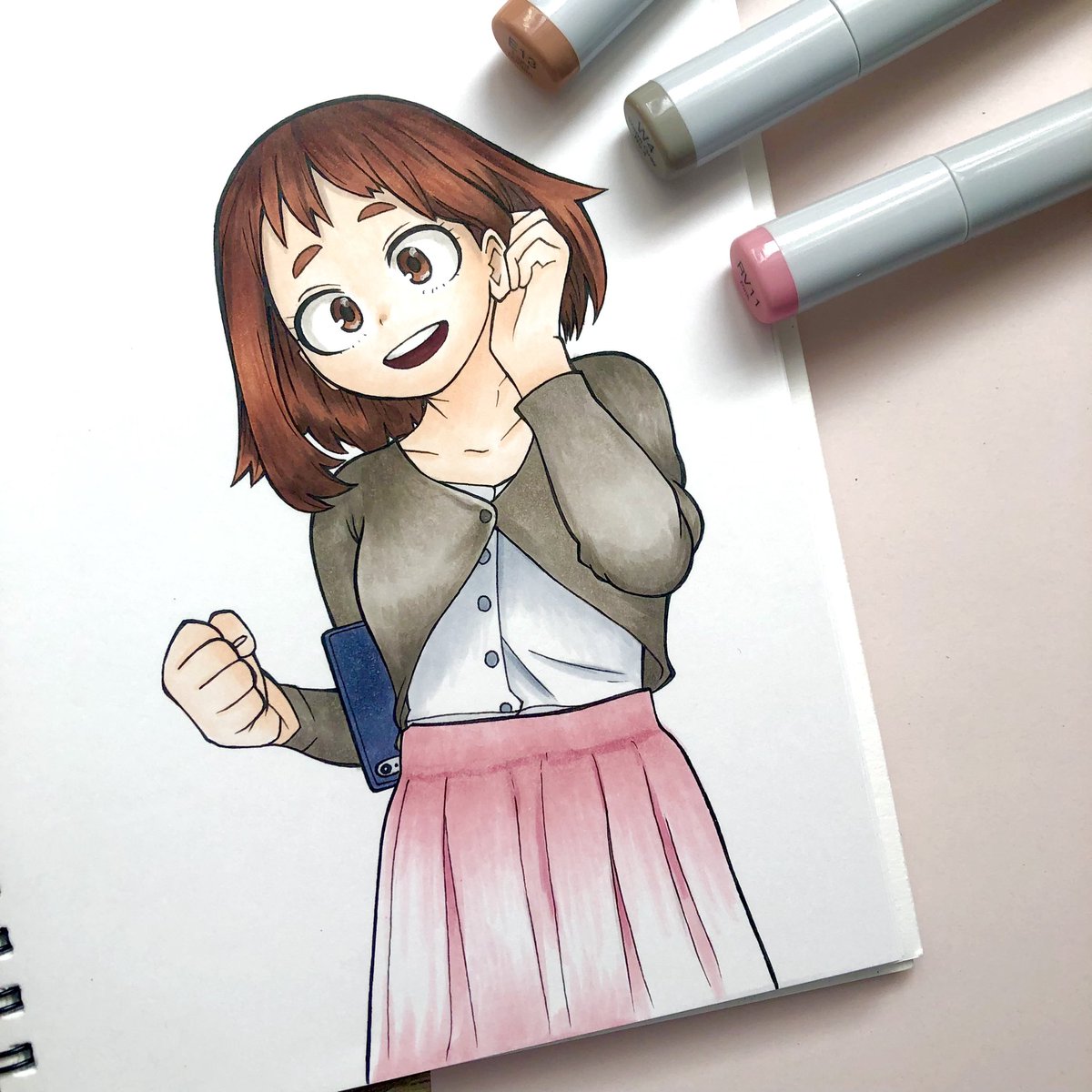 uraraka ochako 1girl solo brown hair skirt traditional media brown eyes smile  illustration images