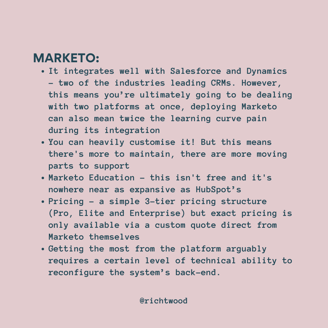 richtwood's tweet photo. So, you’re thinking about implementing a new marketing automation platform?

At a guess, you've probably started to run through the usual suspects.

I’m biased. But here's my thoughts on 
@HubSpot vs. Marketo... https://t.co/qCYlT2M1eH