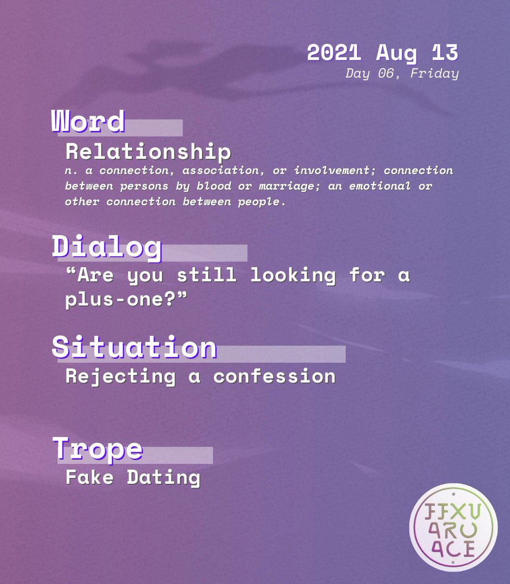 Day six! Can't believe it's almost over! Remember to tag us <a href="/FFXVAroAceWeek/">FFXV Aro Ace Week 💜 THANK YOU 💚</a> and use #FFXVAroAceWeek when posting. 

Written works can be added to the AO3 Collection here: archiveofourown.org/collections/FF…

Excited to see everyone's work today!! 💜💚