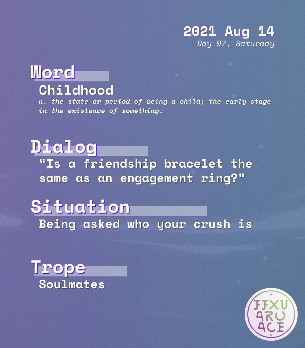 And today's the final day! Remember to tag us 
<a href="/FFXVAroAceWeek/">FFXV Aro Ace Week 💜 THANK YOU 💚</a> and use #FFXVAroAceWeek when posting. 

Written works can be added to the AO3 Collection here: archiveofourown.org/collections/FF…

Thank you so much for everyone's exceptional works so far! 💜💚