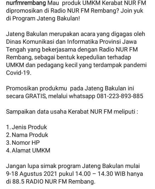 Yuk Kerabat NUR FM ikut meramakaikan Jateng Bakulan Radio NUR FM Rembang.
#nurfmrembang