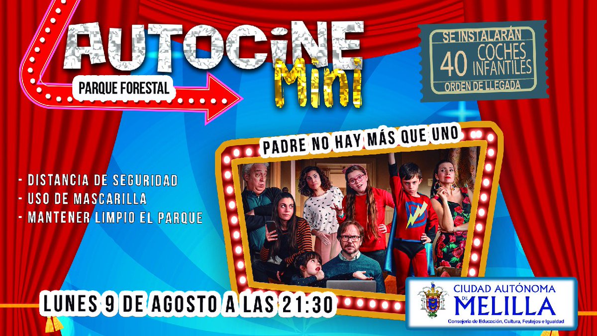 Cultura Melilla (@cultura_melilla) on Twitter photo Vuelve el Autocine Mini en el Parque Forestal. Hoy lunes a las 21:30h: “Padre no hay más que uno”. Os esperamos para disfrutar de una buena noche.
#AutoCine #Melilla #Cultura #Cine #Verano <a href="/l_circe/">Elena Fernández Treviño</a> Vuelve el Autocine Mini en el Parque Forestal. Hoy lunes a las 21:30h: “Padre no hay más que uno”. Os esperamos para disfrutar de una buena noche.
#AutoCine #Melilla #Cultura #Cine #Verano <a href="/l_circe/">Elena Fernández Treviño</a>