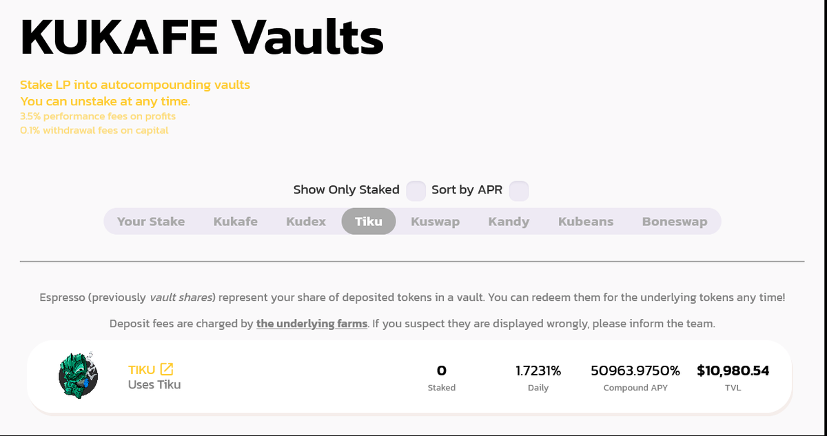 tikutoken's tweet image. ❔Have you tried out the #TIKU vault at @kukafefinance?

🤑If haven't, check it out and get juicy 50964 % APY

➡️kukafe.finance/#/espresso/tiku 

#KCC #kucoincommunitychain  #passiveincome #YieldFarm #Crypto #DeFi