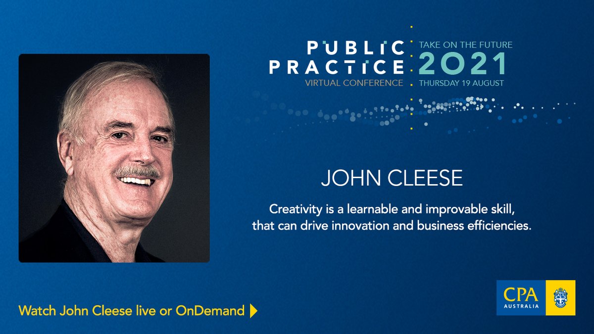 cpaaustralia's tweet image. Join us at the Public Practice Virtual Conference to hear from legendary comedian, John Cleese, sharing the importance of creativity in the workplace to drive innovation and business efficiencies at all levels. Register here: bit.ly/2VaHbQV 

#PulicPracticeConference2021