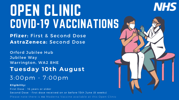 OneHalton's tweet photo. 💉 COVID-19 Vaccination Open Clinic 💉
Tuesday 10th August, 3:00pm – 7:00pm
Orford Jubilee Hub, WA2 8HE
1st dose: ❗ (UPDATED to) 16 years+ ❗
2nd dose: at least 8 weeks after your first
#COVIDVaccination #NHSWarrington #OpenClinic https://t.co/BwesBbDhTy