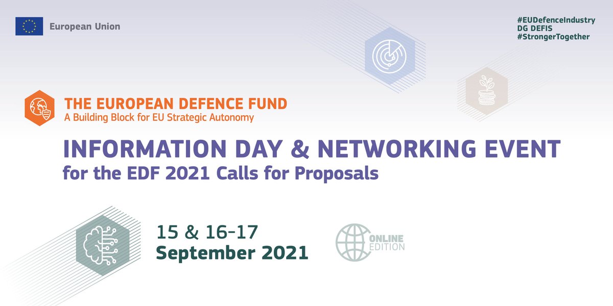 #EDFInfoDays

During an online event on📆15-17 September, we will present the #EDF 2021 call topics, the participation modalities &amp; the submission process

Applicants will be able to pitch their ideas💡and there will be plenty of networking opportunities🤝
edefis.eu/EDFInfoDays