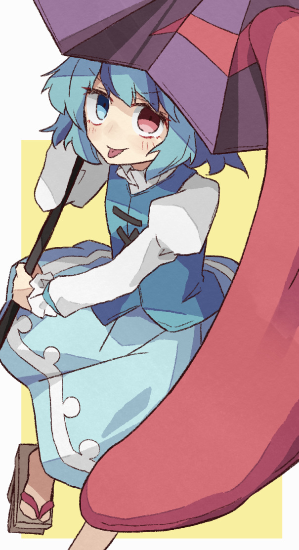 tatara kogasa 1girl solo tongue heterochromia umbrella blue hair skirt  illustration images